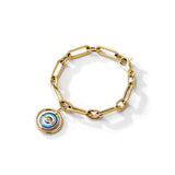 Divine evil eye reversible 18 karats yellow gold bracelet detailed with white, turquoise, lapis enamels, and 0.12-carat champagne diamonds.